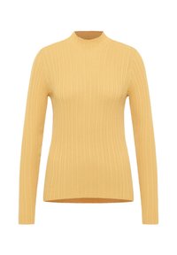 Langärmliger RIP-Knit Pullover in weichgelber Farbe mit hohem, rundem Halsausschnitt und figurbetonter Silhouette.
