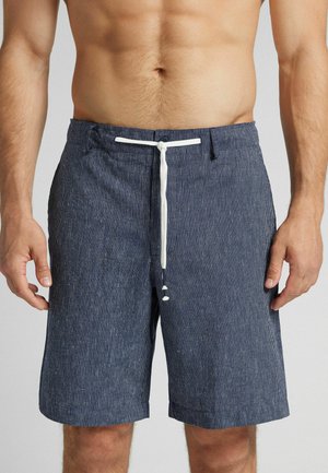 Herren-Schwimmshorts, blau mit weißen Streifen, verstellbarer Bund mit weißen Kordeln, lockerer Schnitt, knielang, aus leichtem, strukturiertem Material.