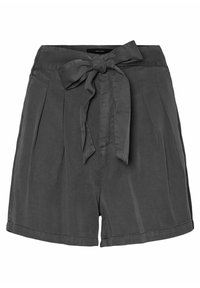 Shorts gris foncé taille haute avec plis et une large ceinture en tissu nouée en un nœud à l'avant.