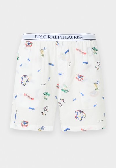 Λευκά boxer σορτς Polo Ralph Lauren με πολύχρωμα καλοκαιρινά σχέδια που περιλαμβάνουν φοίνικες, σαγιονάρες, γυαλιά ηλίου και πόλο πουκάμισα.