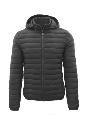 Giacca nera imbottita con cappuccio, dotata di zip frontale completa, tasche laterali e cuciture orizzontali per un tocco di texture in più.