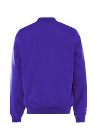 Lilla bomberjakke med ribbet halsudskæring og manchetter, elastisk kant og en glat, let tekstur. Har et minimalistisk design uden synlige metaldele.