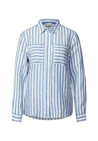 Camicia a maniche lunghe in lino leggero, con righe verticali blu e bianche, due tasche sul petto e colletto button-down.