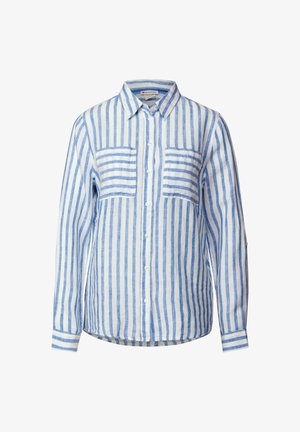 Hedvábná košile s dlouhým rukávem z lehké lněné tkaniny, s vertikálními modro-bílými pruhy, dvěma náprsními kapsami a límcem na knoflíky.