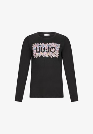 Fekete, hosszú ujjú póló virágos "LIU JO" logóval. Puha anyag, kerek nyakú és testhez álló dizájn. A virágminta rózsaszín és kék árnyalatokat tartalmaz.