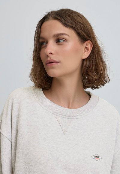 Jasnoszara bluza z luźnym krojem, żebrowanym dekoltem i haftowanym logo na piersi. Miękka tekstura i casualowy design.