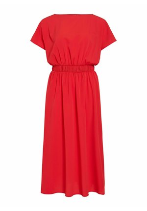 Rotes Midikleid mit kurzen Ärmeln, gerafftem elastischem Bund und lockerem, fließendem Rock.