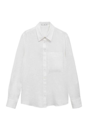 Camisa de lino blanca con cuello estructurado, cierre frontal completo con botones, mangas largas y un único bolsillo en el pecho, que ofrece un diseño ligero y transpirable.