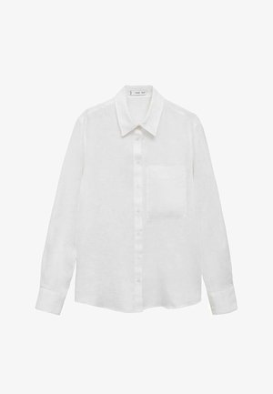 Camisa de lino blanca con cuello estructurado, cierre frontal completo con botones, mangas largas y un único bolsillo en el pecho, que ofrece un diseño ligero y transpirable.