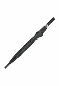 Parapluie noir pliable avec une canopée texturée, un cadre en métal élégant et une poignée courbée noire. Accentué par des éléments en métal argenté.