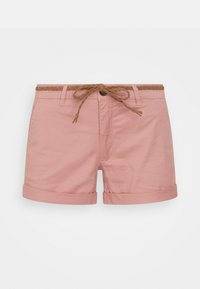 Pink cotton shorts with a braided brown drawstring, rolled cuffs, and front pockets. Features a single button closure and stitching detail.