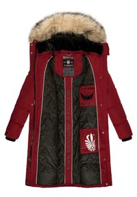Red padded parka with a detachable faux fur hood. Features a quilted black lining, logo patches, pockets, and contrasting white stripe details.