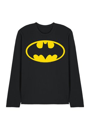 Schwarzes Langarmshirt mit großem gelbem Batman-Logo, das zentriert auf der Brust vor weißem Hintergrund dargestellt ist.