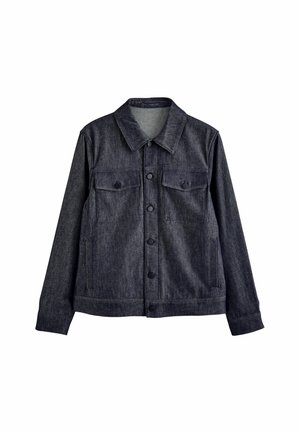 Dark denim jacket with a classic collar, button front, two chest pockets, and side pockets. Soft texture, straight cut. No distinct patterns.