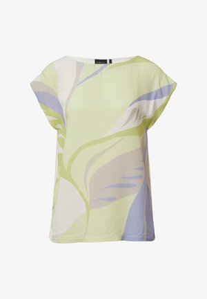 Locker sitzendes Oberteil aus glattem Stoff, mit einem hellgrünen, blauen und beigen Blumenmuster, weitem Rundhalsausschnitt und kurzen Ärmel.