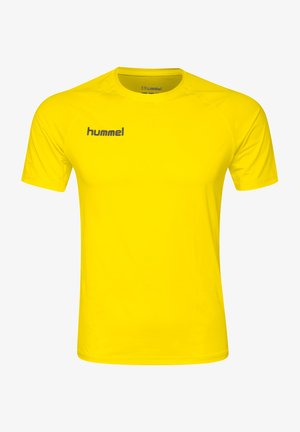 Gelbes sportliches T-Shirt mit kurzen Ärmeln, aus leichtem Material, mit Rundhalsausschnitt, mit einem grauen "hummel"-Logo auf der Vorderseite.