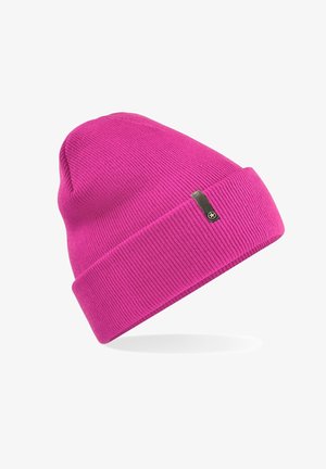 Pink knitted beanie with a ribbed texture and folded cuff. Features a small black label with a logo on the side.