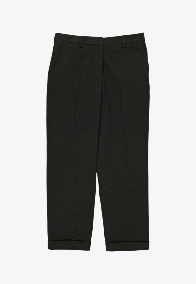 Pantalon formel noir avec passants pour ceinture, poches latérales, plis avant repassés et ourlets revers.