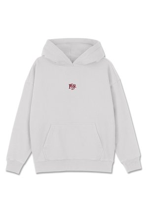 Svetlosivá mikina s kapucňou vyrobená z bavlnenej zmesi, s prednou vreckovou kapsou a malým červeným vyšívaným logom na hrudi.