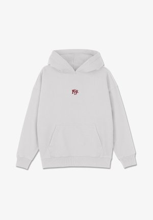 Svetlo siva kapuca majica iz mešanice pamuka, s prednjim džepom i malim izvezenim logom u crvenoj boji na grudima.