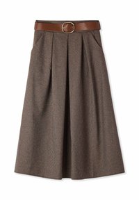 Gonna a quadri marrone con una fascia larga in vita, dotata di una cintura marrone con fibbia dorata, pieghe a coltello e tasche laterali.