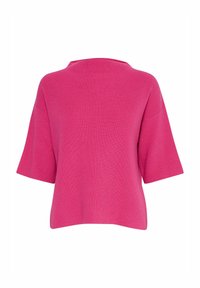 Top à manches courtes en maille côtelée de couleur rose vif. Caractérisé par un col large et une coupe ample, avec une texture lisse et sans motifs supplémentaires.
