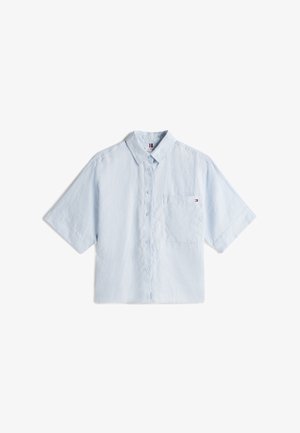 Lichtblauw knoopshirt met korte mouwen van katoen, voorzien van een borstzak en een subtiele merklogo op de zak.