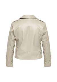 Bēšas krāsas īsa jaka ar garām piedurknēm, platu apkakli un redzamām šuvēm, redzama no aizmugures uz balta fona.