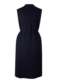 Navy sleeveless dress with a tailored design, featuring a waist tie, straight cut, and smooth texture. Clean lines and no visible fastenings.