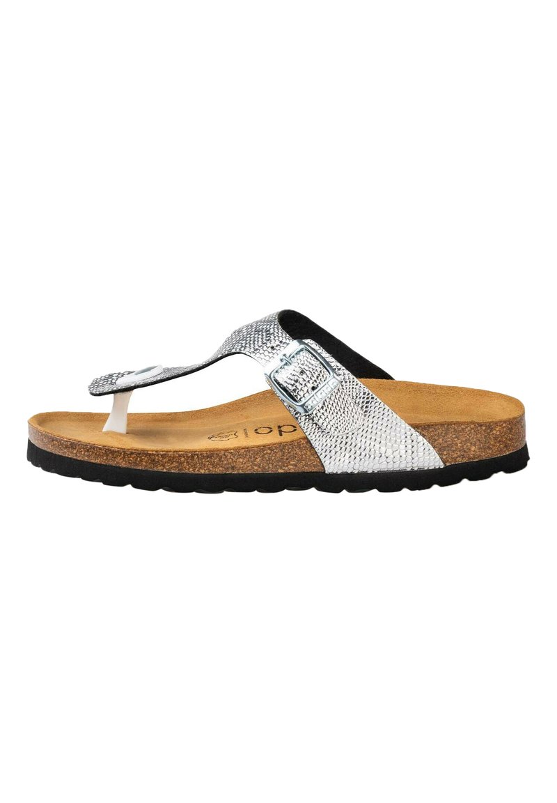 Silver metallic flip-flop sandal with textured upper, black accents, and a cork footbed. Features a buckle detail and rubber sole.