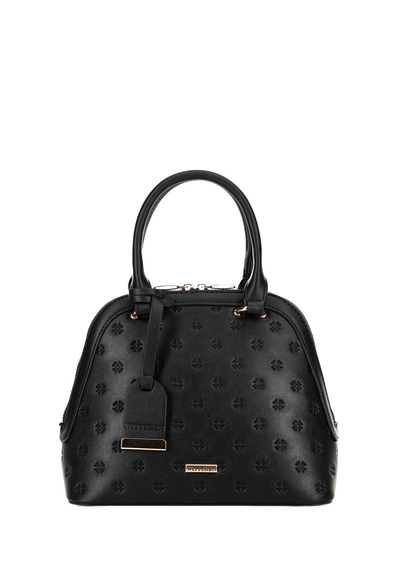 Zwarte leren handtas met reliëf bloemenpatroon, ronde vorm, dubbele handvatten en accenten in goudkleurige hardware. Voorzien van een bagagelabel.