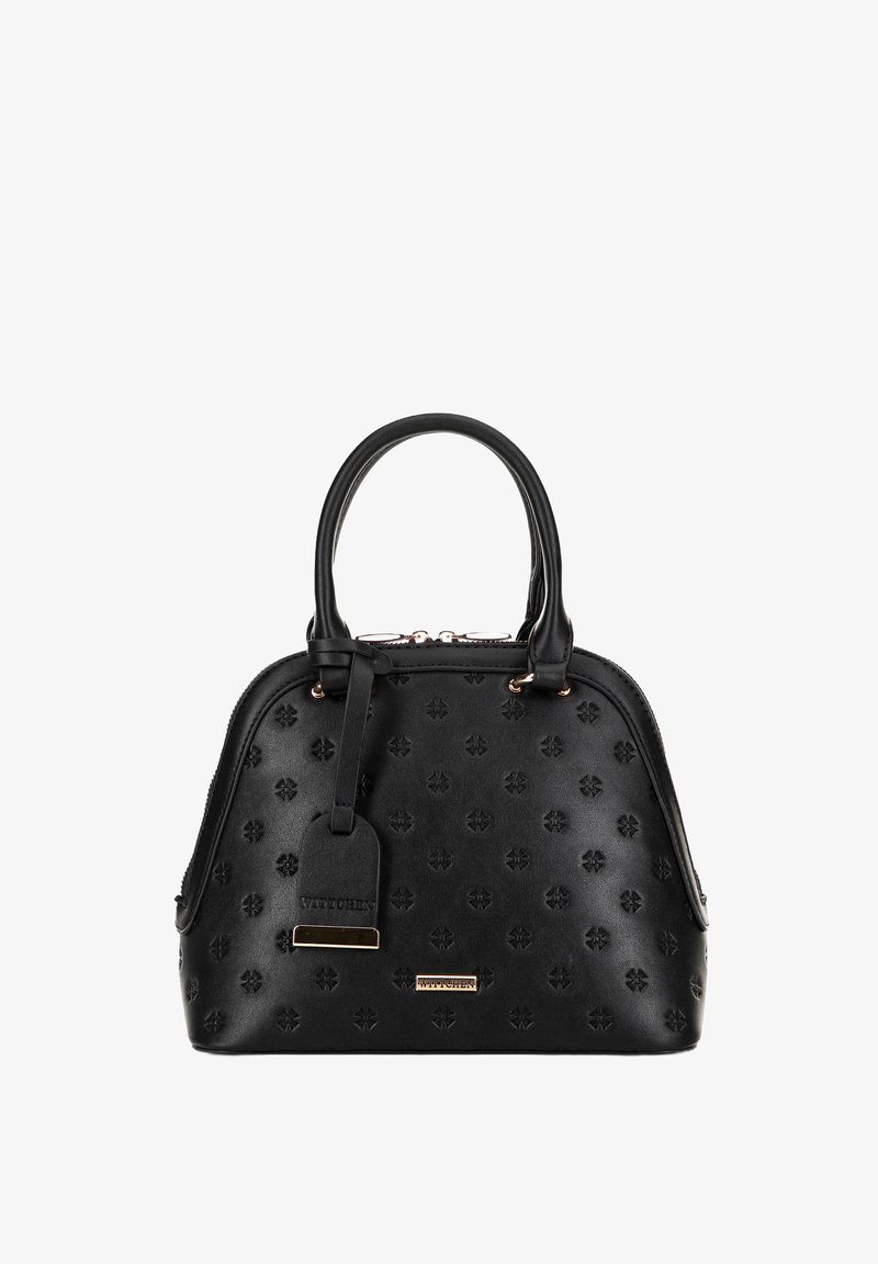 Czarna skórzana torba na ramię z wytłoczonym floralnym wzorem, okrągły kształt, podwójne uchwyty i akcenty z hardware'u w złotym odcieniu. Posiada metkę bagażową.