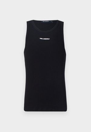 Black sleeveless tank top with a round neckline, made of smooth fabric, featuring a white "KARL LAGERFELD" logo on the front.