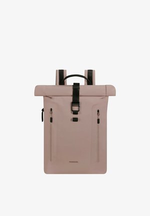 Light pink roll-top backpack with black buckle, two front vertical zip pockets, and padded shoulder straps with black accents.