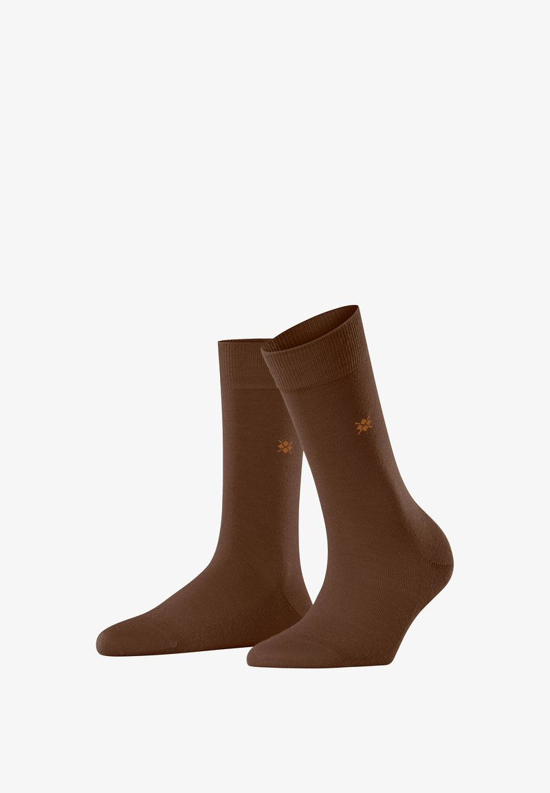 Braune Socken mit einem gerippten Bündchen, glatter Textur und einem kleinen orangen Logo-Akzent an der Seite, im klassischen Kniestil.