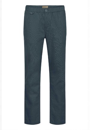 Pantalones ligeros de un azul oscuro con un acabado texturizado, que cuentan con una cinturilla elástica y dos bolsillos frontales con botones.