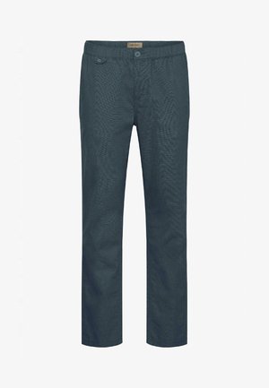 Pantalones ligeros de un azul oscuro con un acabado texturizado, que cuentan con una cinturilla elástica y dos bolsillos frontales con botones.