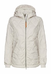 Gevoerde beige jas met een capuchon, ritssluiting, twee zijzakken en geribbelde manchetten. Heeft een tan lederen accent op de rits.