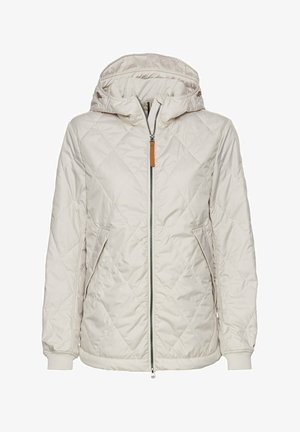 Beżowa pikowana kurtka z kapturem, z zamkiem błyskawicznym, dwoma bocznymi kieszeniami i ściągaczami na rękawach. Posiada brązowy skórzany akcent przy zamku.