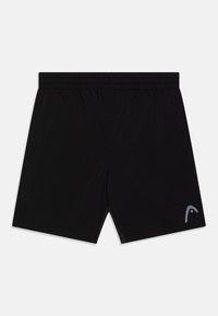Calções atléticos pretos com cintura elástica, forma retangular, textura suave e um pequeno logótipo cinza no canto inferior direito.