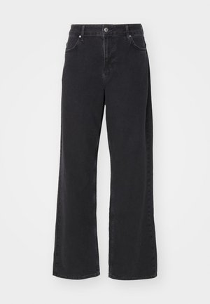 Schwarze Denim-Hose mit weitem Bein und hoher Taille, vorderen Taschen und Knopfverschluss. Glatte Textur mit dezenten Steppnähten.