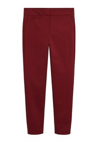 Pantalon bordeaux slim fit longueur cheville avec une taille plate et des poches latérales, présenté sur fond blanc.