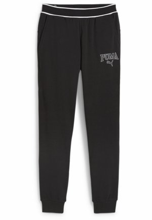 Schwarze Jogginghosen aus weichem Stoff, mit Seitentaschen, einem elastischen Bund mit weißen Akzenten und einem Puma-Logo am linken Oberschenkel.