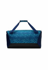 Duffle tas met een gemusterde blauwe textielen bovenkant, donkerblauwe zijpanelen en een solide zwarte bodem; bevat twee stevige blauwe handvatten bovenop.