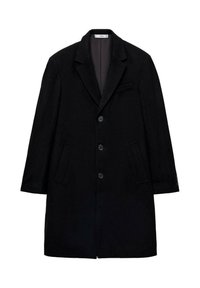 Abrigo de lana negro con solapa muesca, cierre frontal de tres botones, dos bolsillos laterales y un bolsillo en el pecho. Talla estructurada, tejido texturizado.