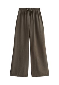 Pantalons large en tissu texturé couleur olive foncé. Comprend une taille élastique avec un cordon de serrage pour un ajustement réglable. Matière légère.