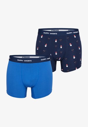 Zwei Paare Herren-Boxershorts; eine einfarbig blau, die andere navy mit Weihnachtsmann- und Rentierdruck. Beide verfügen über elastische Taillenbänder mit dem Aufdruck "HAPPY SHORTS".