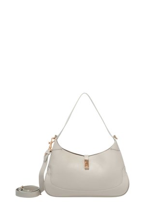 Jasnoszara skórzana torebka z jednym paskiem, odpinanym dłuższym paskiem zwiniętym obok i małym zapięciem w złotym kolorze.