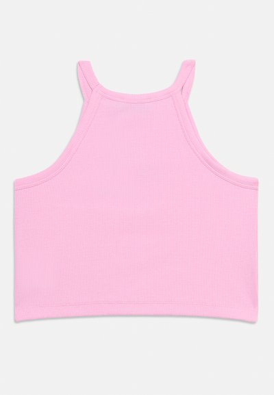 Ροζ κοντό τοπ με ριγέ υφή, λεπτές τιράντες και στρογγυλεμένο λαιμόκοψη, με υφή ύφανσης και τελειώματα χωρίς ραφή.