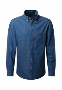Donkerblauw denim overhemd met lange mouwen, button-down kraag en een enkele borstzak. Kenmerkt zich door een gladde textuur en een klassiek ontwerp.
